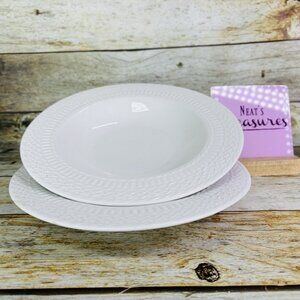 Livingquarters LIQ10 White Embossed Basketweave Rimmed 9" Pasta Soup Bowls Set 2
